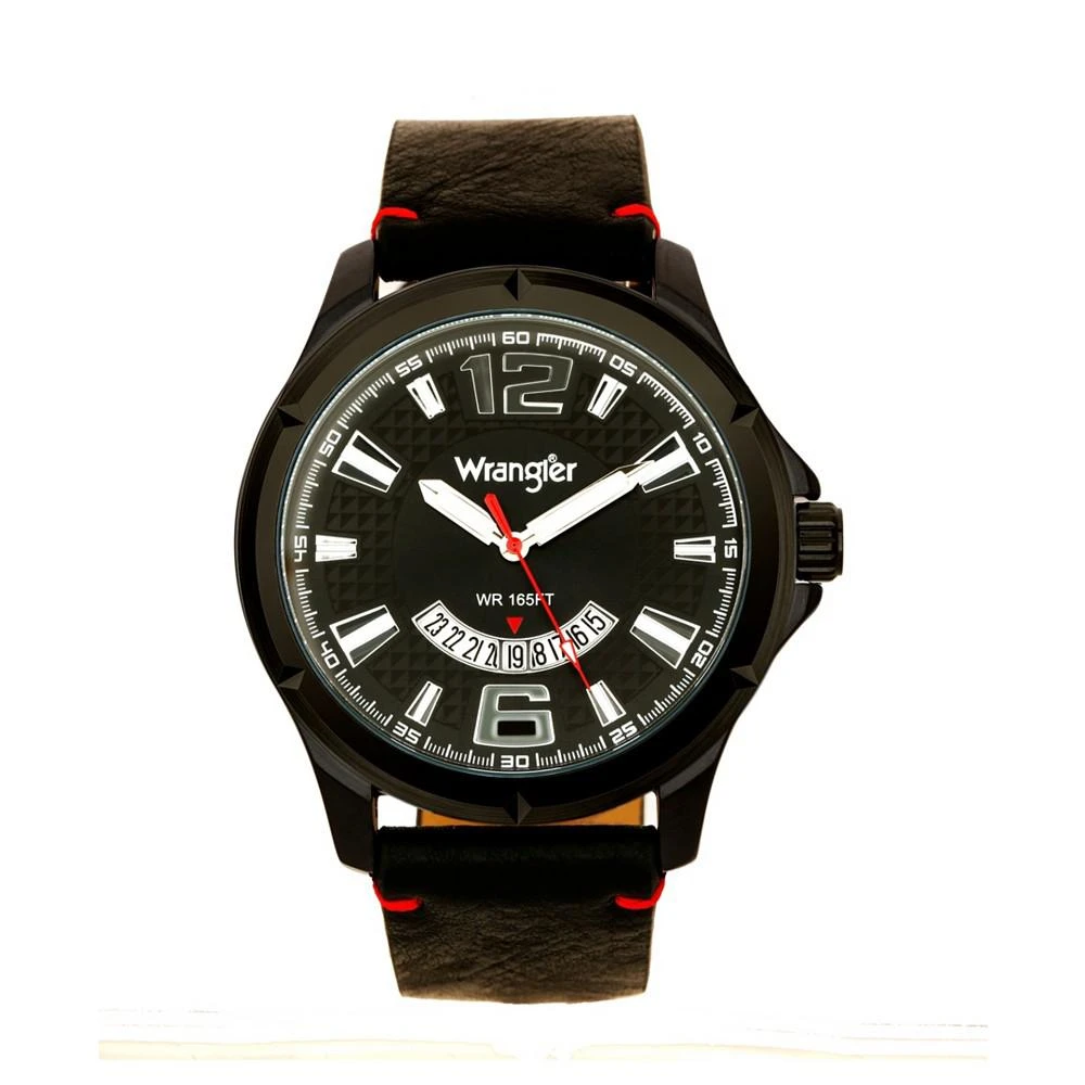 商品Wrangler|Men's Watch, 48MM IP Black Case, Black Zoned Dial with White Markers and Crescent Cutout , Date Function, Black Strap with Red Accent Stitch Analog, Red Second Hand,价格¥452,第1张图片