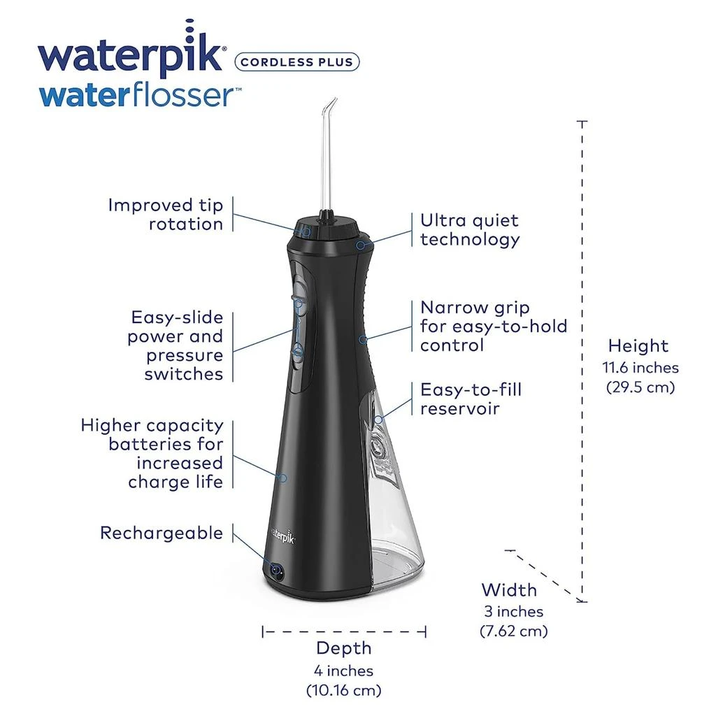 商品Waterpik|Waterpik Cordless Plus Water Flosser with 4 Flossing Tips, Rechargeable and Portable for Travel and Home, ADA Accepted, Black WP-462,价格¥570,第2张图片详细描述