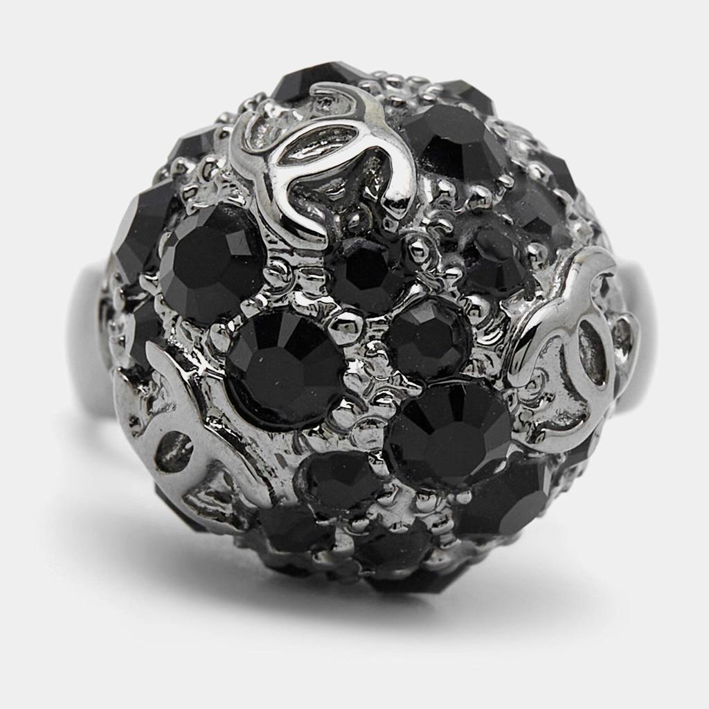 Chanel Gunmetal Tone Black Crystal CC Sphere Ring Size EU 52.5商品第2张图片规格展示
