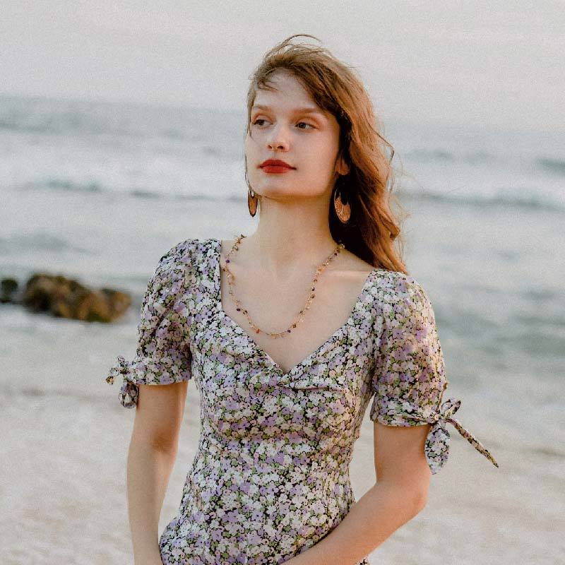 商品[国内直发] Petite Studio NYC|Zahra紫色小雏菊印花纽结泡泡袖复古连衣裙 | Zahra Dress - Floral Print,价格¥1176,第1张图片