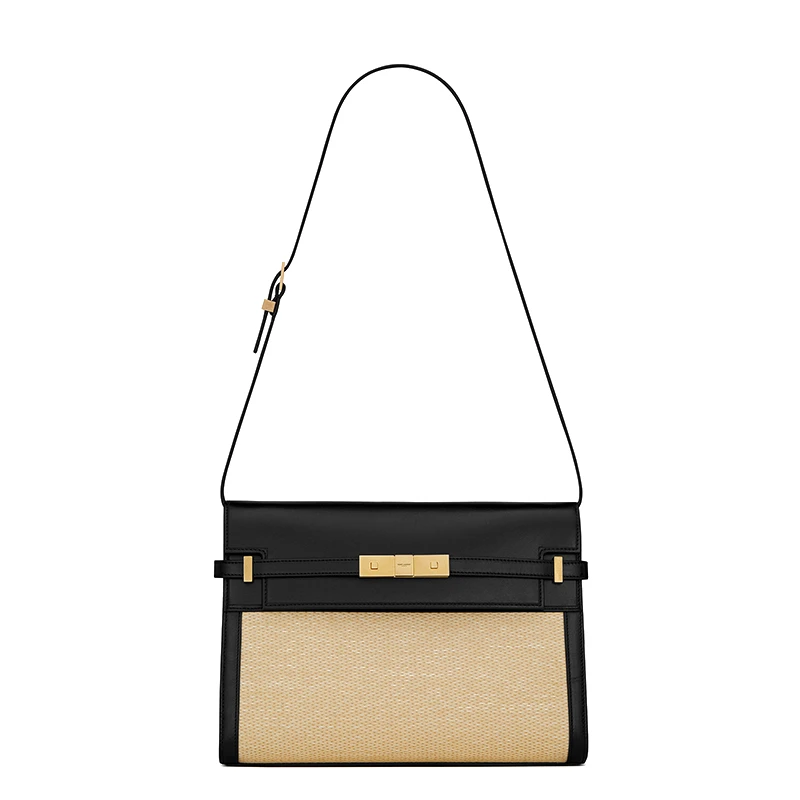 SAINT LAURENT PARIS/圣罗兰 YSL MANHATTAN系列 女士米色酒椰纤维黑色皮革磁性夹扣开合单肩斜挎手提包 商品