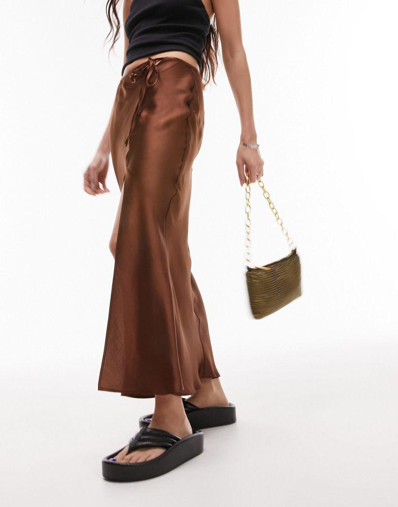 Topshop split tie bias midi skirt in chocolate商品第1张图片规格展示