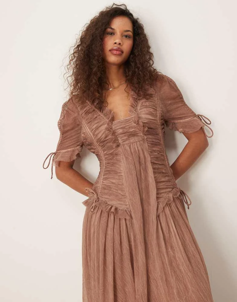 商品ASOS|ASOS DESIGN washed midi dress with ruched detailing in light brown,价格¥453,第3张图片详细描述