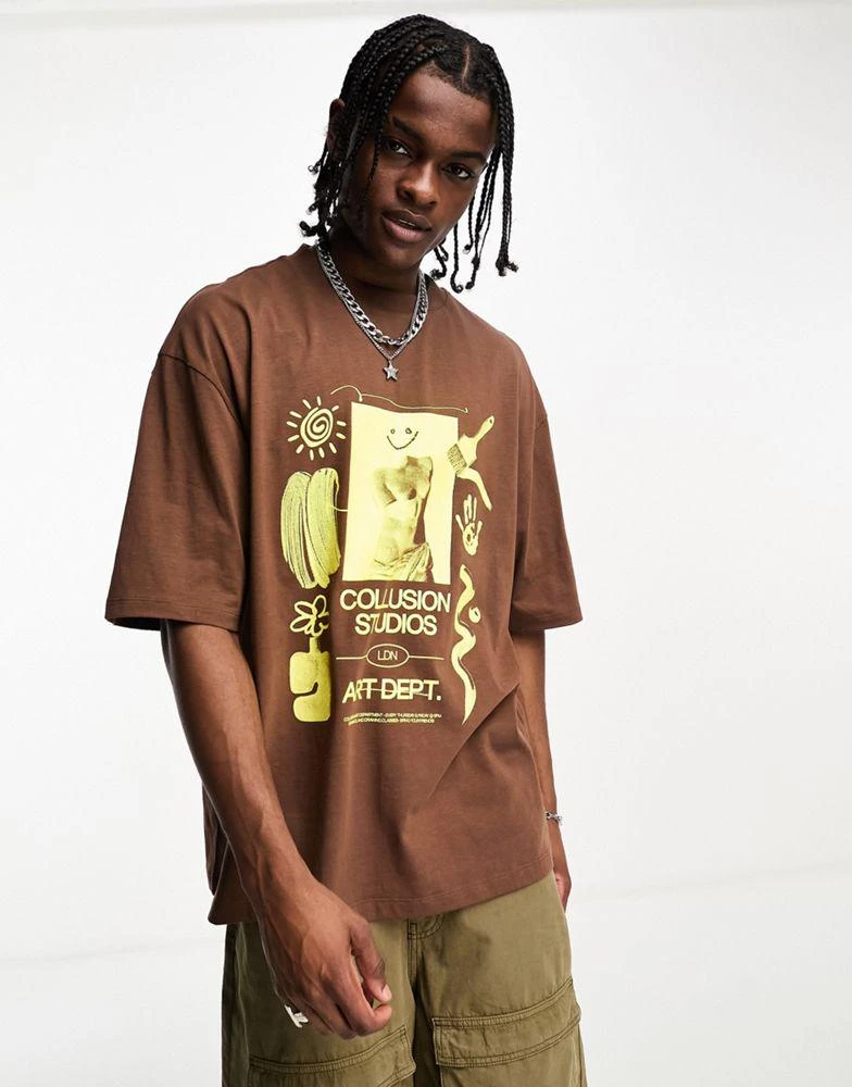 商品COLLUSION|COLLUSION art dept front print t-shirt in brown,价格¥103,第3张图片详细描述