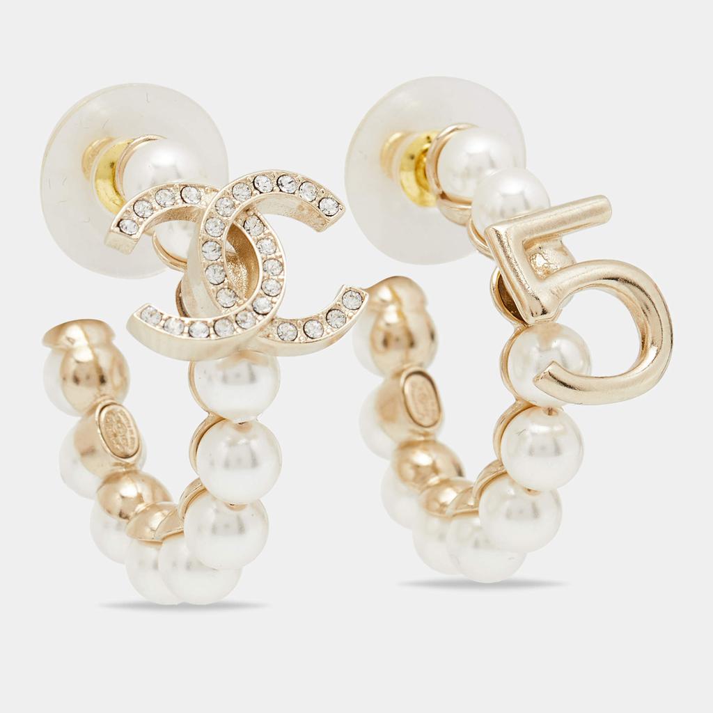 Chanel Faux Pearl & Crystal CC No 5 Hoop Earrings商品第2张图片规格展示