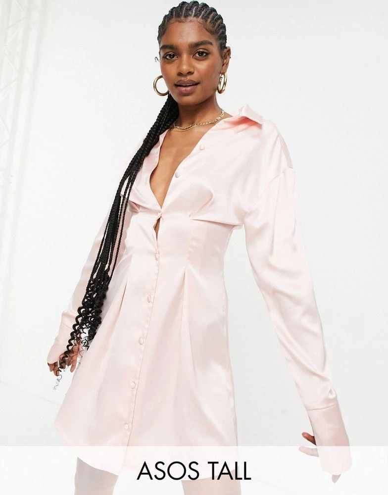 商品ASOS|ASOS DESIGN Tall seam detail satin shirt mini dress in blush,价格¥134,第1张图片