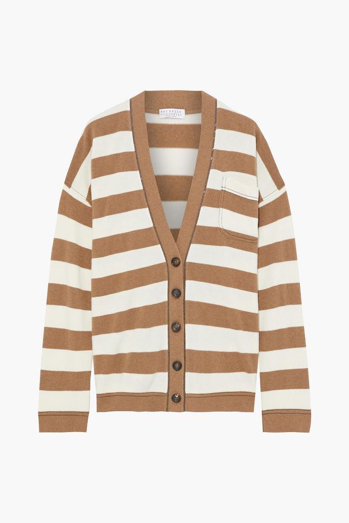 商品Brunello Cucinelli|Bead-embellished striped wool, cashmere and silk-blend cardigan,价格¥6313,第1张图片