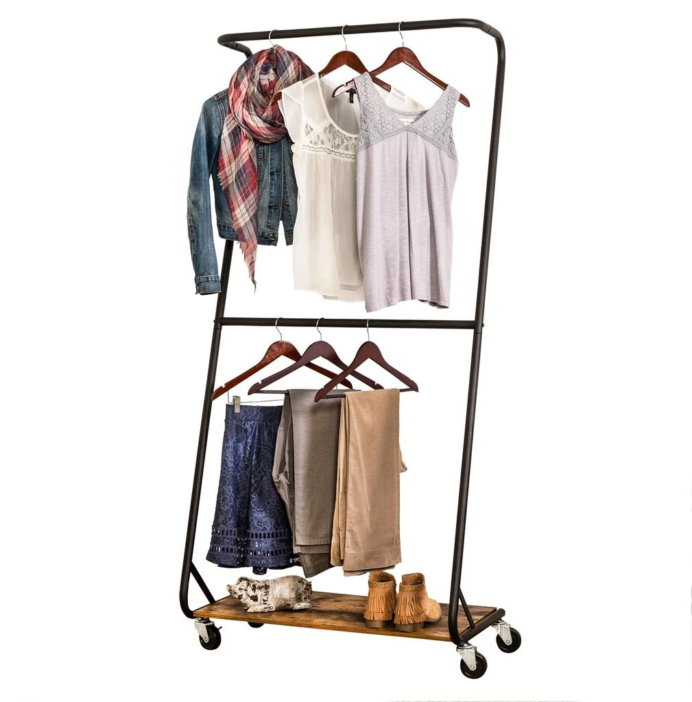 商品Honey Can Do|Honey-can-do Double Rolling Matte Black Metal Clothes Rack With Rustic Wood Shelf,价格¥1003,第2张图片详细描述