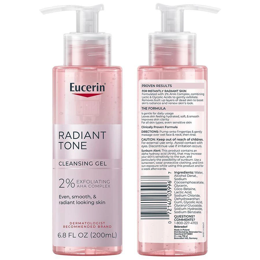 商品Eucerin Face|Radiant Tone Cleansing Gel, Face Cleanser With AHA Complex,价格¥141,第3张图片详细描述