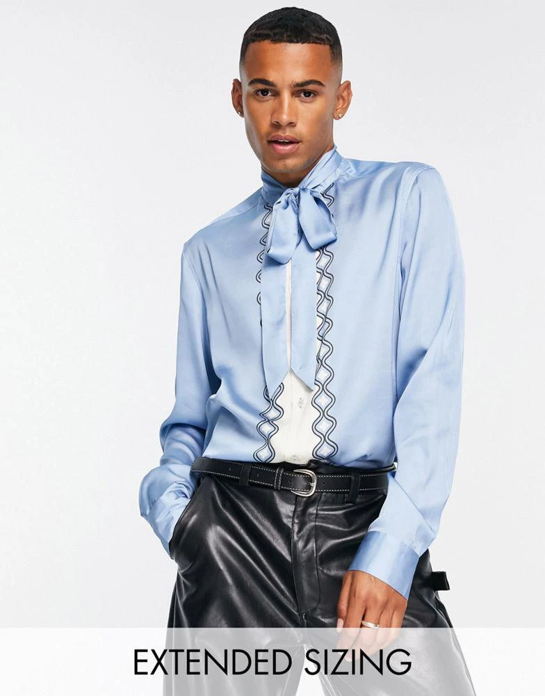 商品ASOS|ASOS DESIGN regular satin shirt with tie neck in blue border print,价格¥145,第1张图片