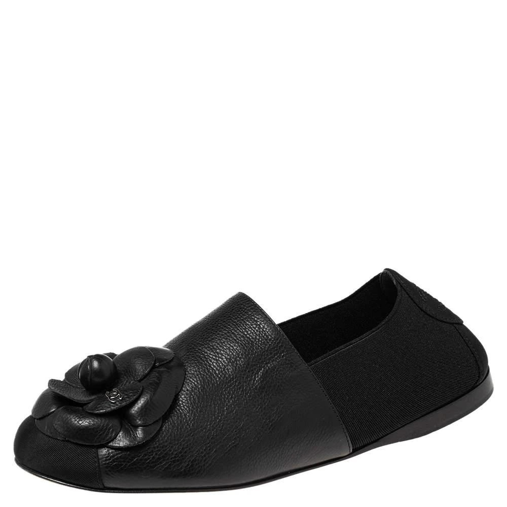 商品[二手商品] Chanel|Chanel Black Leather, Fabric and Elastic Camellia Flats Size 37,价格¥3279,第1张图片