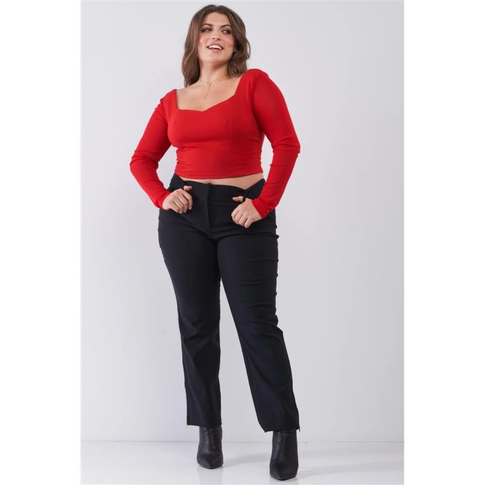 商品FASHNZFAB|Plus Size Crimson Red Long Mesh Sleeve Sweetheart Neck Detail Structured Crop Top,价格¥137,第2张图片详细描述