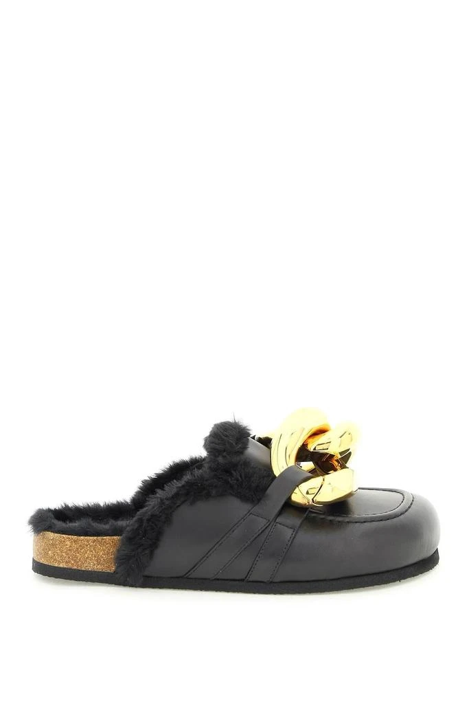 商品JW Anderson|LEATHER CHAIN MULES WITH ECOFUR LINING,价格¥2859,第1张图片