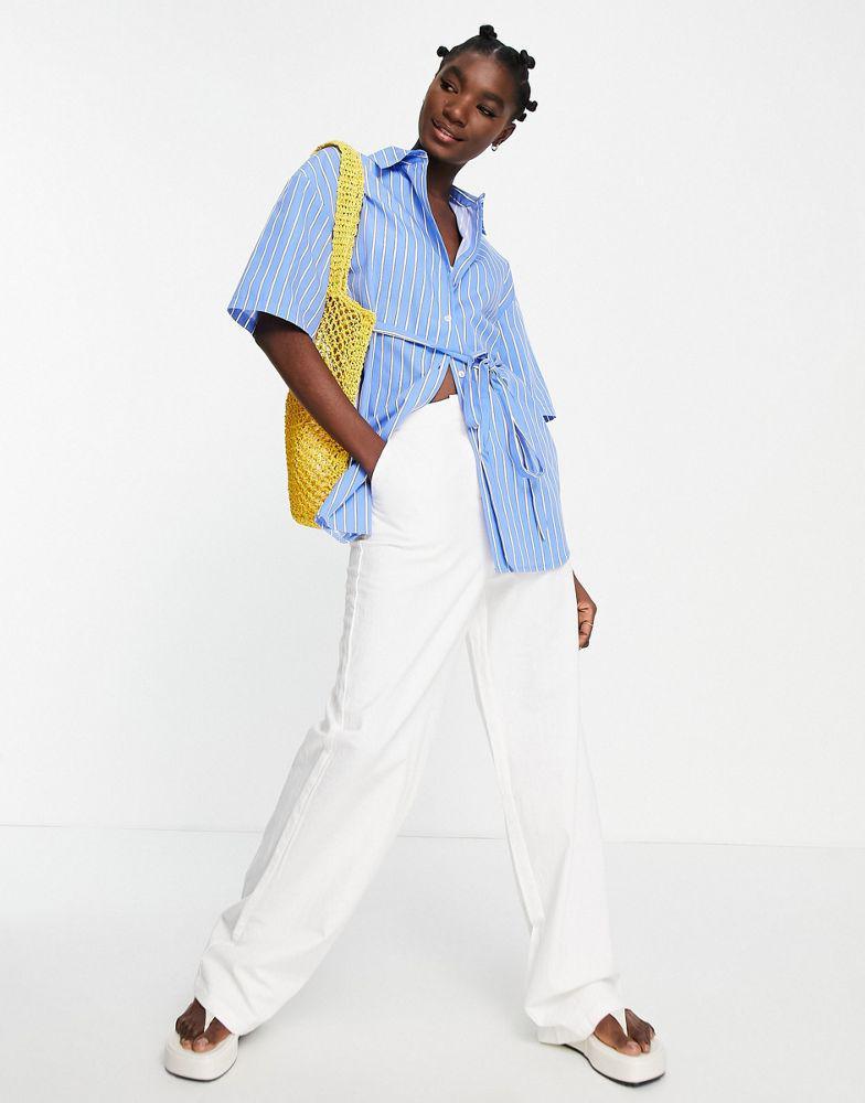 商品Topshop|Topshop tie waist short sleeve stripe poplin shirt in blue,价格¥123,第6张图片详细描述