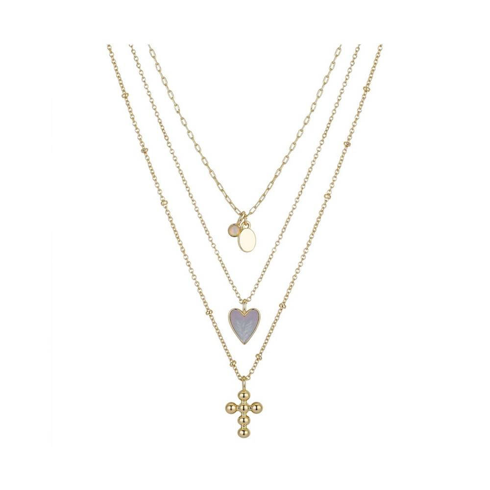 14K Gold Flash-Plated 3-Pieces Genuine Mother Of Pearl Heart and Cross Layered Pendants Set商品第1张图片规格展示