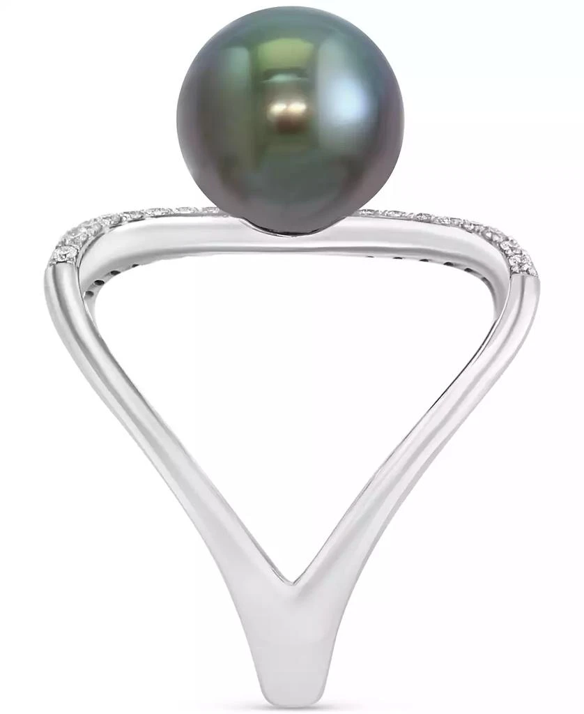 商品Effy|EFFY® Cultured Tahitian Pearl (9mm) & Diamond (1/10 ct. t.w.) Openwork Statement Ring in 14k White Gold,价格¥6168,第3张图片详细描述