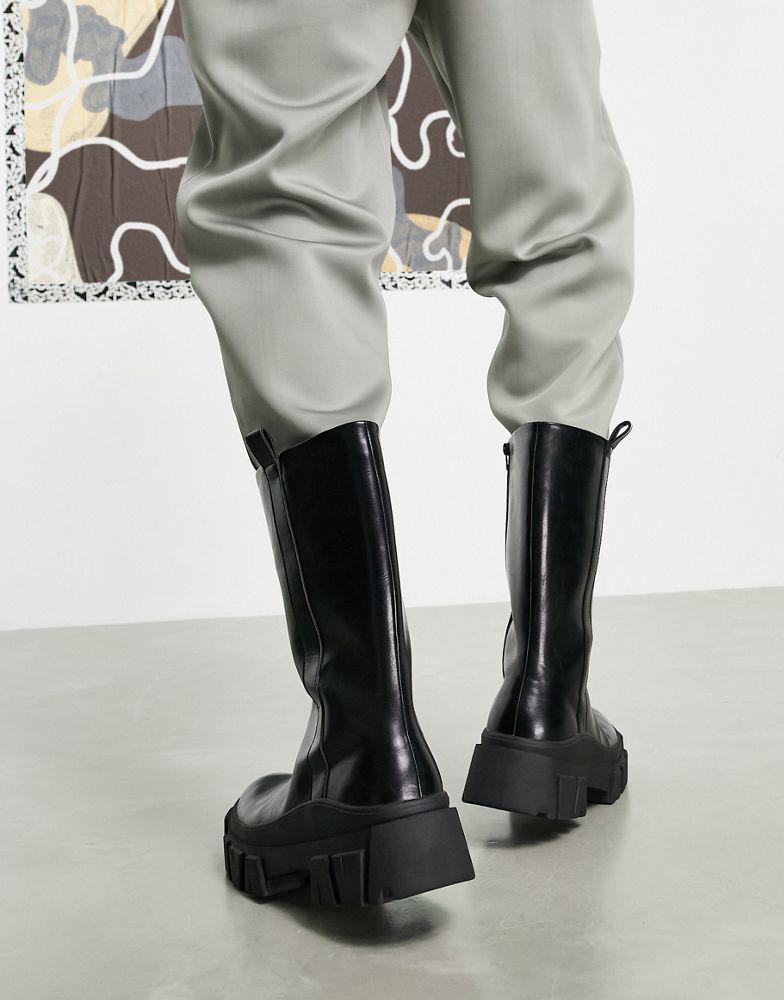 商品ASOS|ASOS DESIGN chelsea calf boots on chunky sole in black faux leather,价格¥343,第4张图片详细描述
