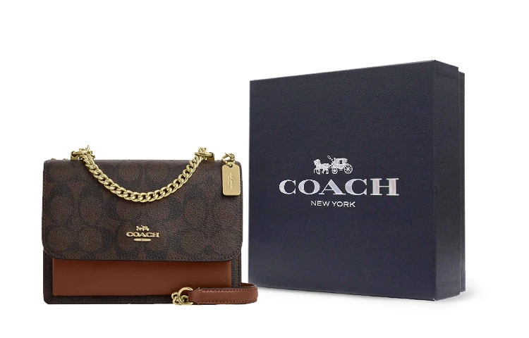 商品[国内直发] Coach|蔻驰 Klare 18 经典老花翻盖字母Logo徽标链条 帆布拼皮革 单肩斜挎包 迷你 女款 红木拼褐色,价格¥2644,第6张图片详细描述