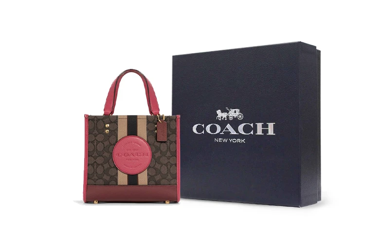 商品[国内直发] Coach|蔻驰 Dempsey 22 经典老花 帆布配皮 帆布包托特包Tote包购物袋斜挎手提包 小号 女款 深棕拼红色,价格¥2085,第5张图片详细描述