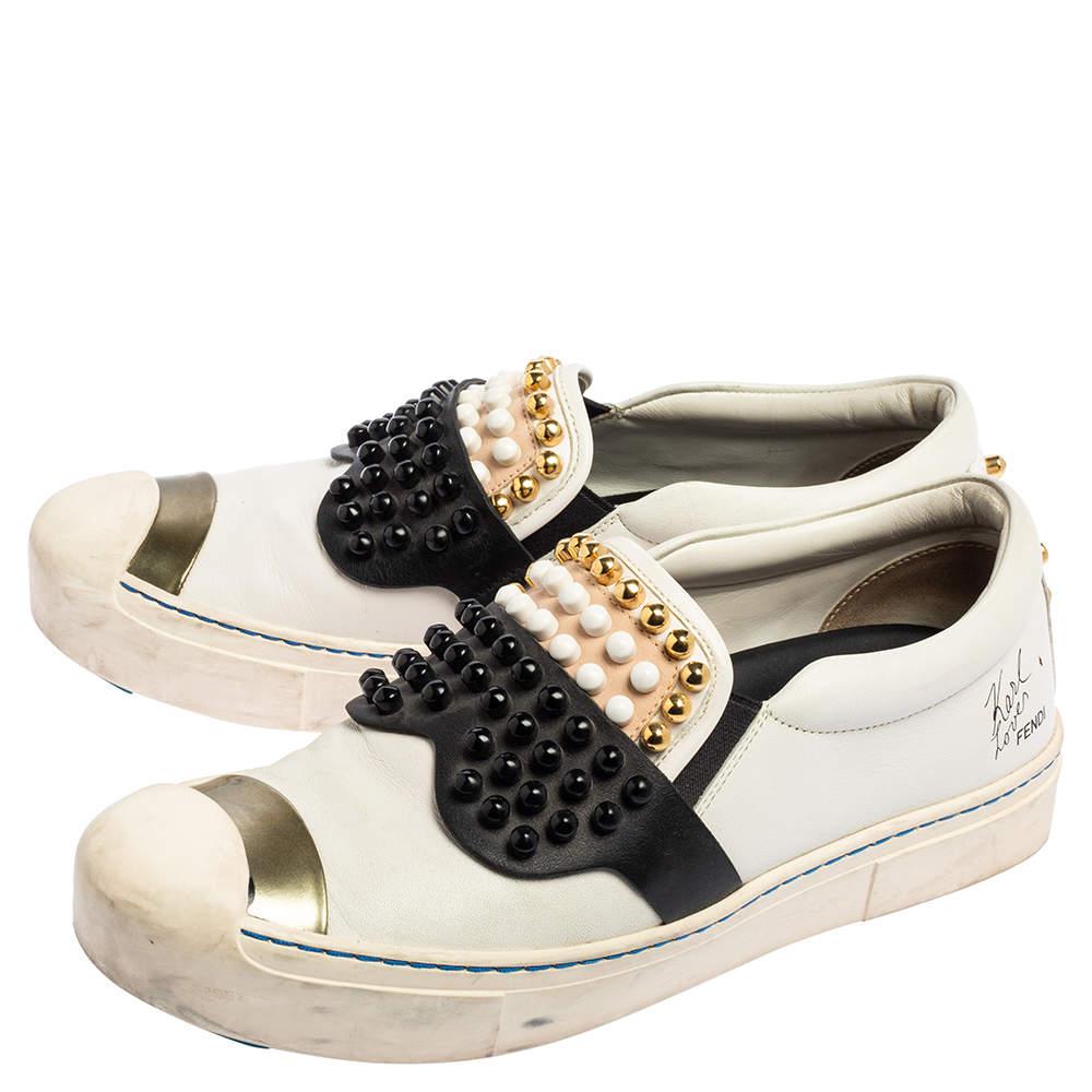 Fendi Black\White Leather Karlito Studded Low Top Sneakers Size 38商品第4张图片规格展示