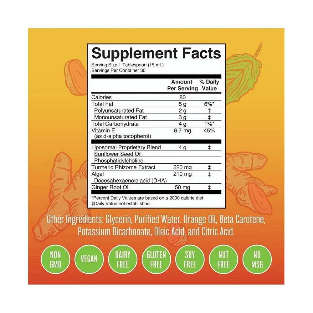 商品MaryRuth Organics|Turmeric & DHA Liposomal, Sweet Ginger, 15.22 oz,价格¥224,第2张图片详细描述