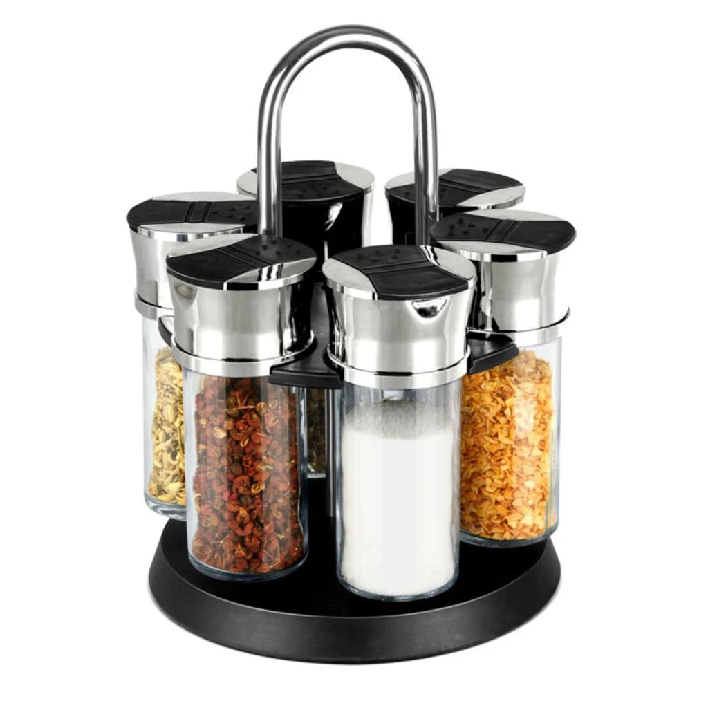 商品Home Basics|Home Basics Compact Carousel 6-Jar Spice Rack with Steel Carrying Handle, Black,价格¥166,第1张图片