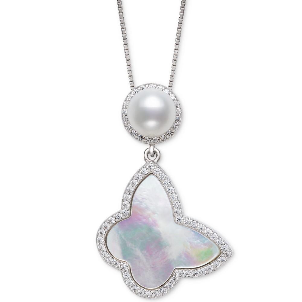 Cultured Freshwater Pearl (6mm), Mother-of-Pearl & Cubic Zirconia 18" Pendant Necklace in Sterling Silver商品第1张图片规格展示