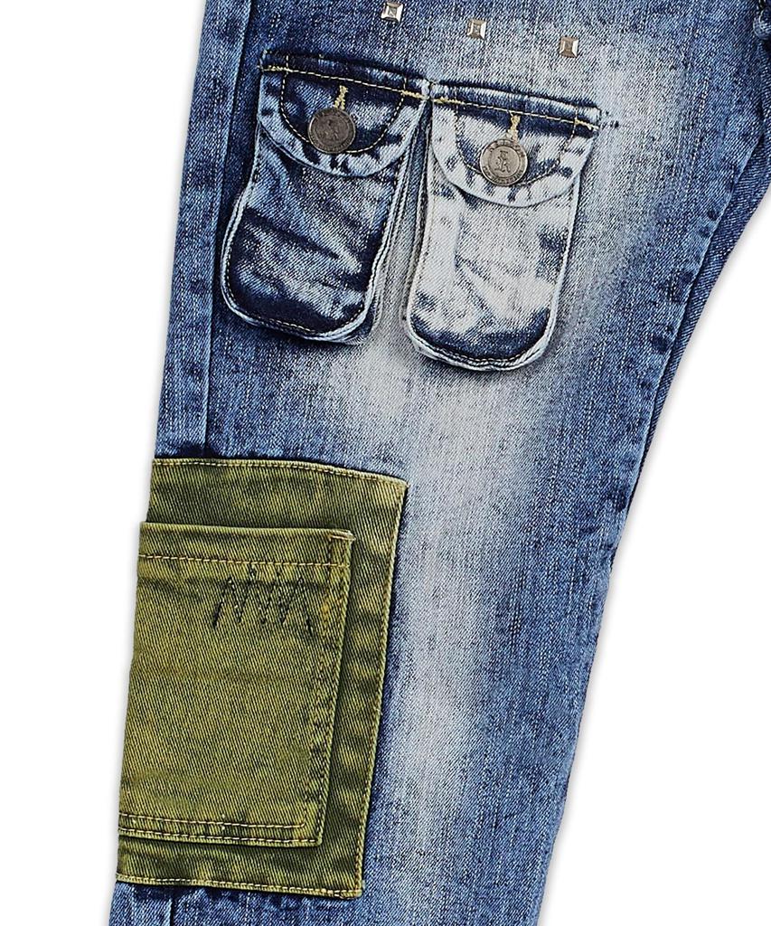 Punk Medium Washed Patched Denim Cargo Jeans商品第3张图片规格展示