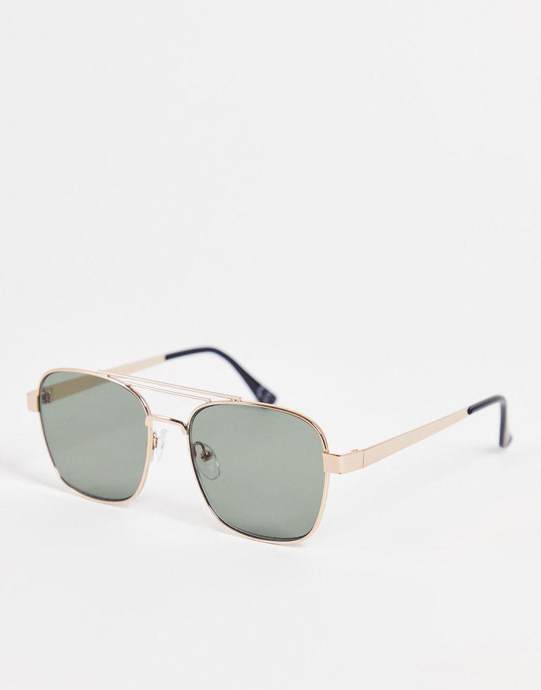 商品ASOS|ASOS DESIGN 70s aviator sunglasses in gold metal with retro lens and brow bar detail - GOLD,价格¥142,第1张图片