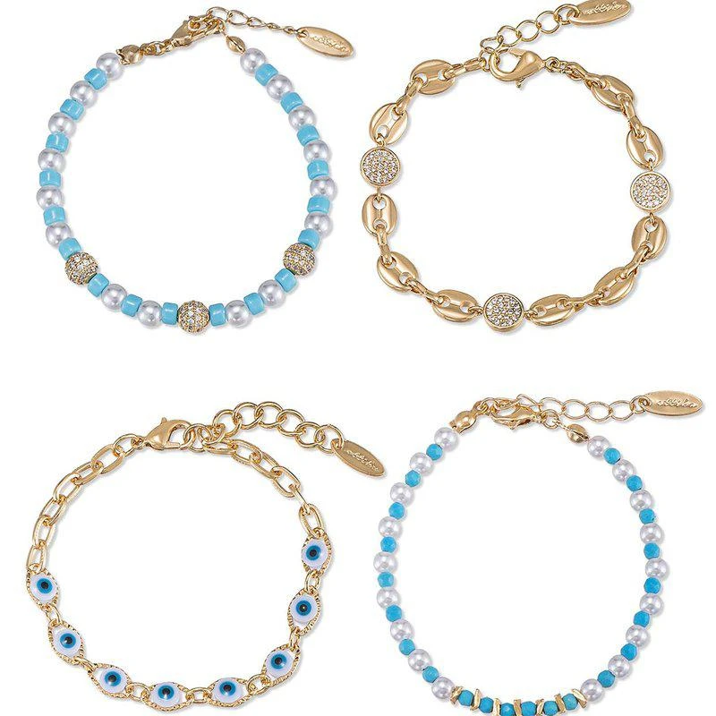 商品Ettika Jewelry|Turquoise and Pearl Protection Spell 18k Gold Plated Bracelet Set ONE SIZE,价格¥680,第1张图片