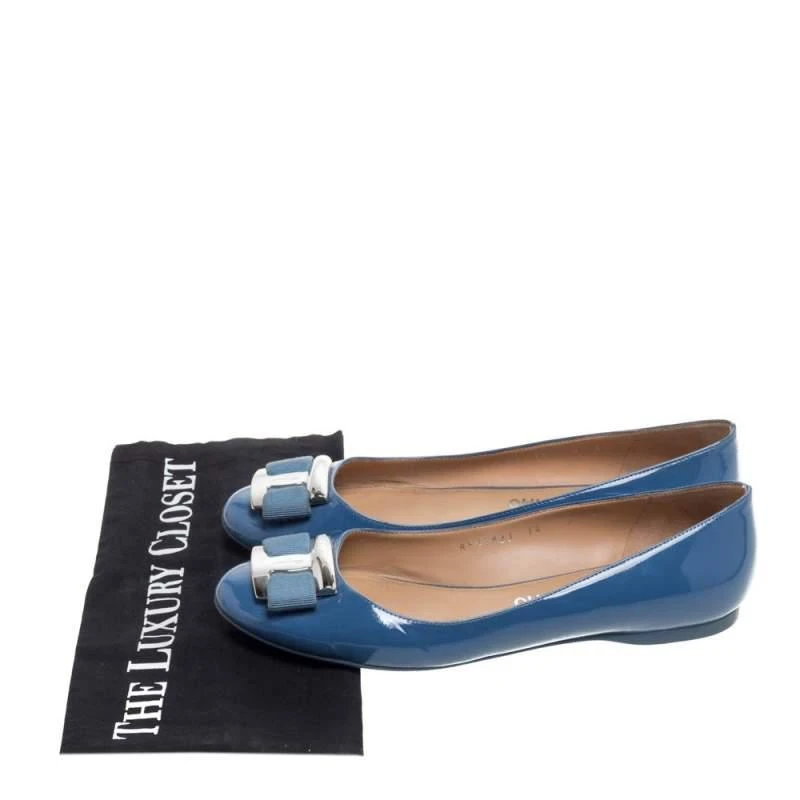 Salvatore Ferragamo Blue Patent Leather Ninna Kangaroo Bow Ballet Flats Size 38.5 商品