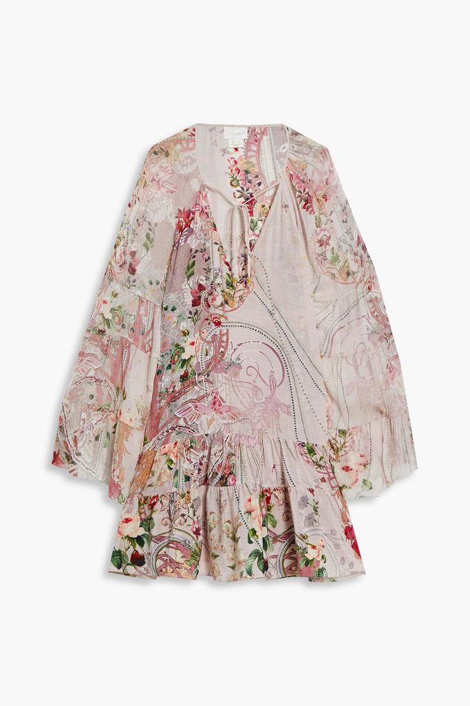Crepon-paneled embellished printed silk crepe de chine mini dress商品第1张图片规格展示