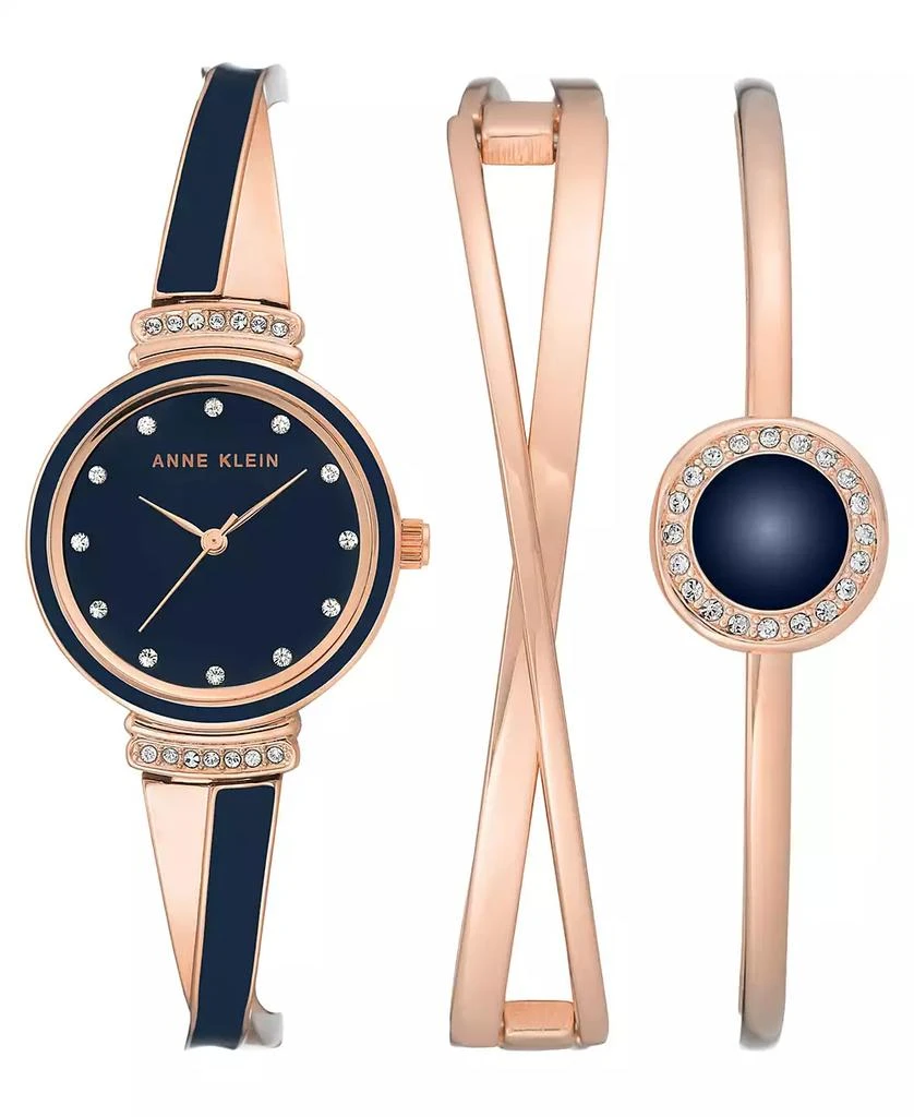 商品Anne Klein|Women's Rose Gold-Tone Alloy Bangle with Navy Enamel and Crystal Accents Fashion Watch 33mm Set 3 Pieces,价格¥796,第1张图片