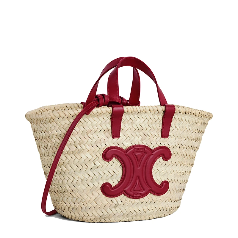 【包税】CELINE/赛琳 22新款TEEN TRIOMPHE系列 女士胭脂红色牛皮革棕榈叶编织凯旋印花手提单肩篮子包194002CGG.27CA 商品
