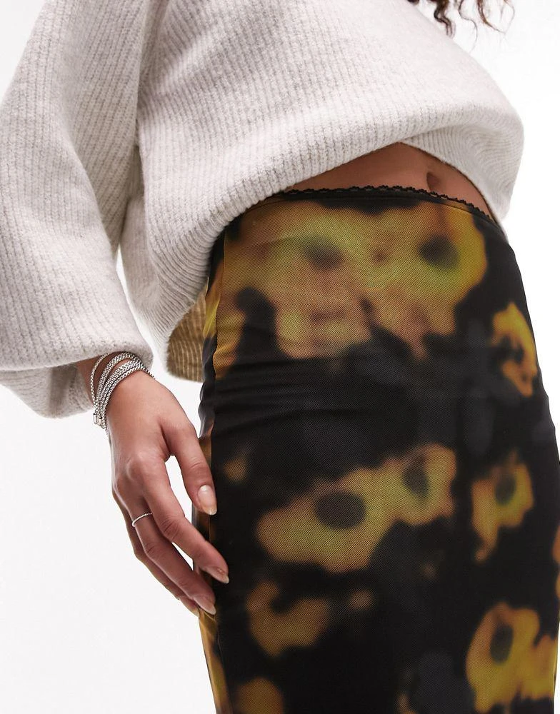 商品Topshop|Topshop jersey mesh photographic floral print midi skirt in black and yellow,价格¥263,第3张图片详细描述