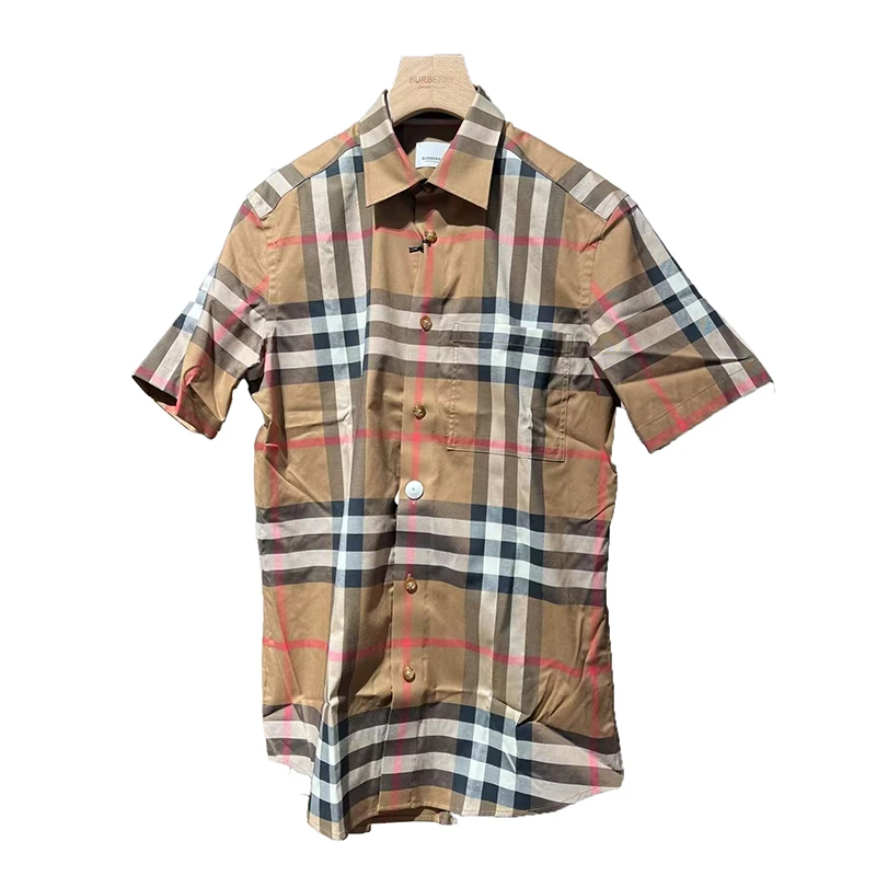 商品Burberry|【现货】博柏丽男士灰褐色棉格纹休闲单排扣短袖衬衫 80929421,价格¥1764,第1张图片