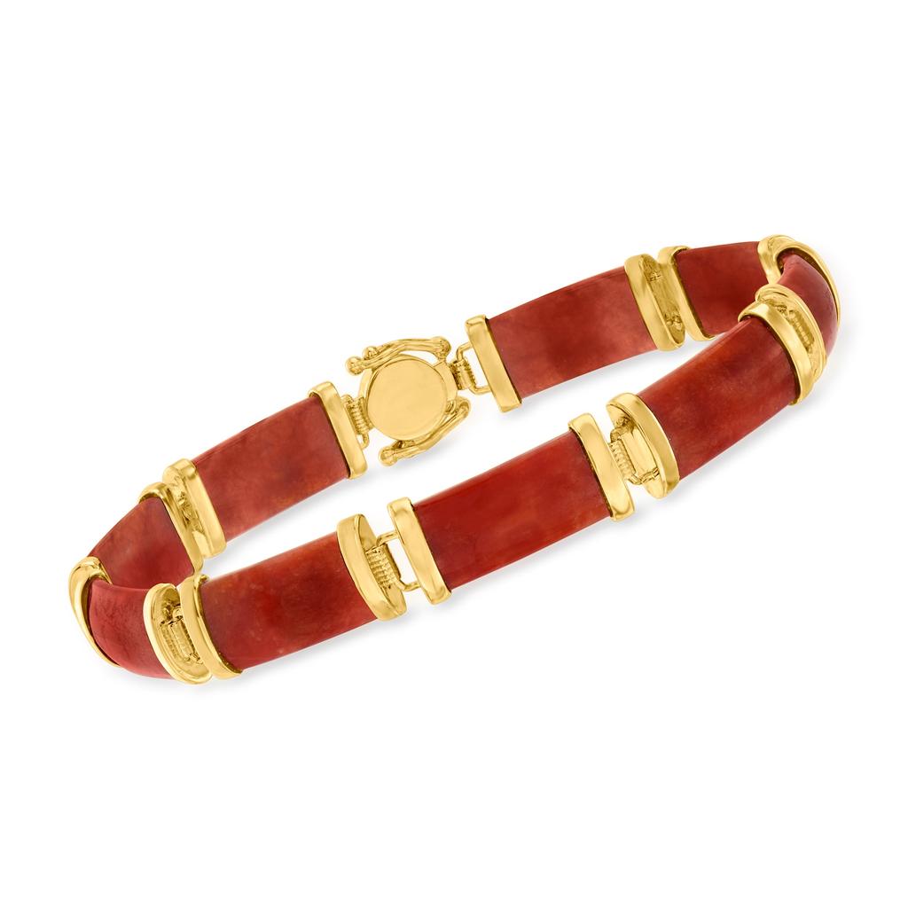 Ross-Simons Red Jade "Good Fortune" Bracelet in 18kt Gold Over Sterling商品第3张图片规格展示