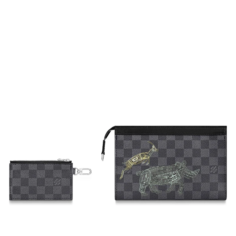 预售10天 Louis Vuitton/路易威登 经典款GASTON WEARABLE WALLET系列 男士黑色棋盘格帆布饰彩色印章风格动物印花银扣配可拆卸小袋单肩斜挎包N64608 商品