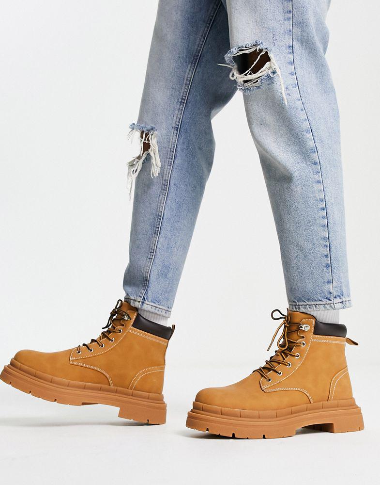 ASOS DESIGN chunky lace up boot in beige with gum sole商品第4张图片规格展示