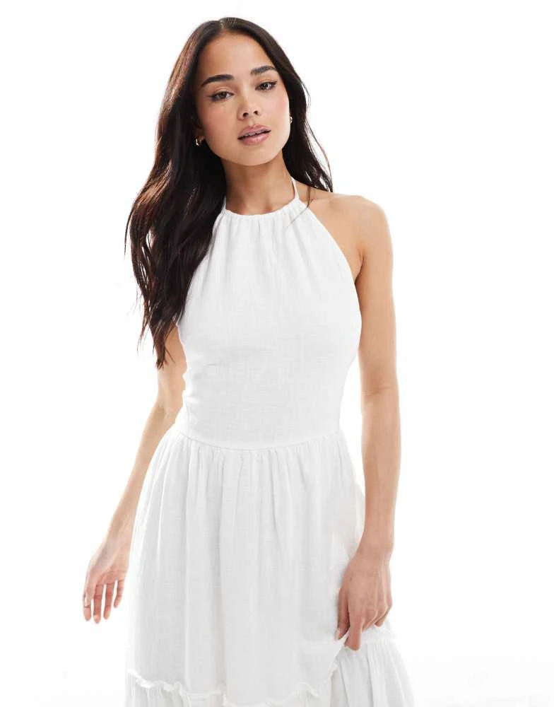 商品Bershka|Bershka linen halterneck tiered maxi dress in ecru,价格¥290,第2张图片详细描述