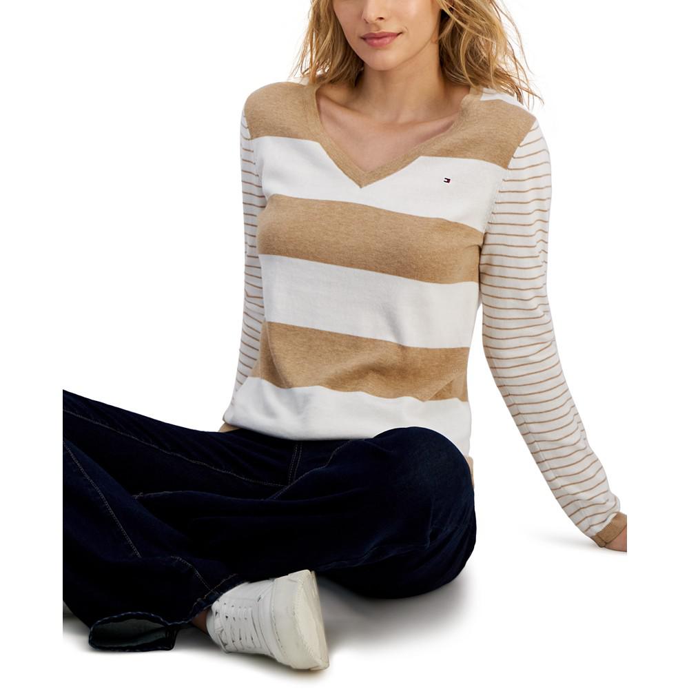 Women's V-Neck Rugby Striped Sweater商品第3张图片规格展示