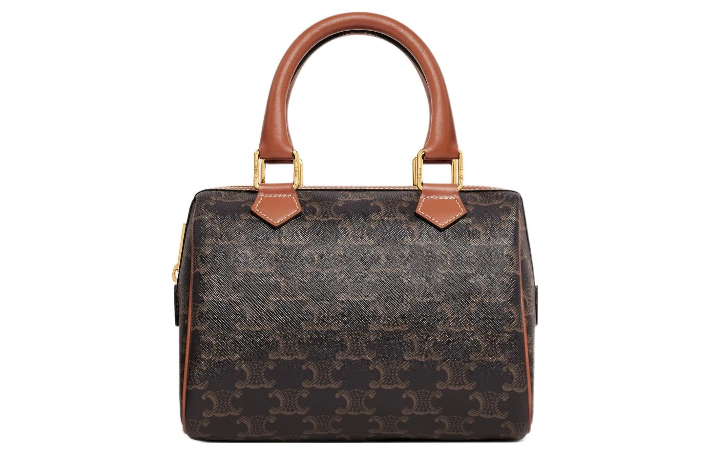 商品[国内直发] Celine|赛琳 Triomphe 经典凯旋门老花满印可调节肩带 帆布拼牛皮革 波士顿包单肩斜挎手提包 小号 女款 棕褐色,价格¥12243,第1张图片