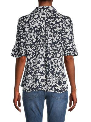​Floral Ruffle Sleeve Camp Shirt商品第2张图片规格展示