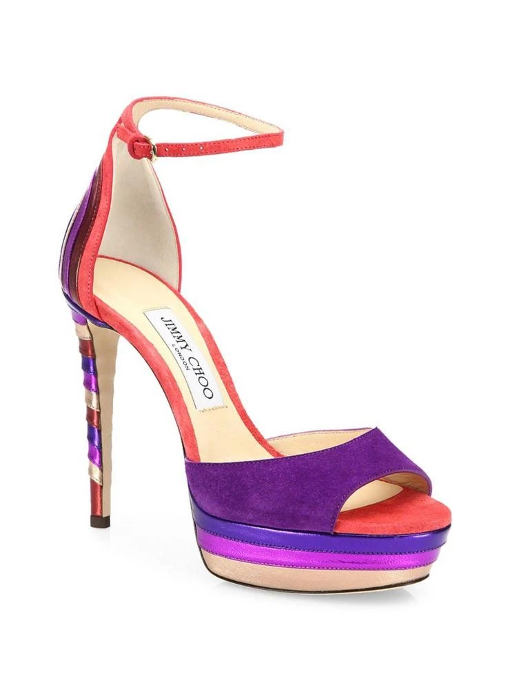 商品Jimmy Choo|Max 120 Multicolor Suede & Metallic Leather Ankle-Strap Platform Sandals,价格¥2835,第1张图片