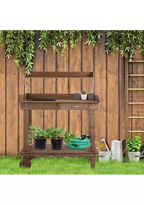商品Outsunny|36 Wooden Potting Bench Work Table With 2 Removable Wheels Sink Drawer And Large Storage Spaces Natural,价格¥1034,第3张图片详细描述