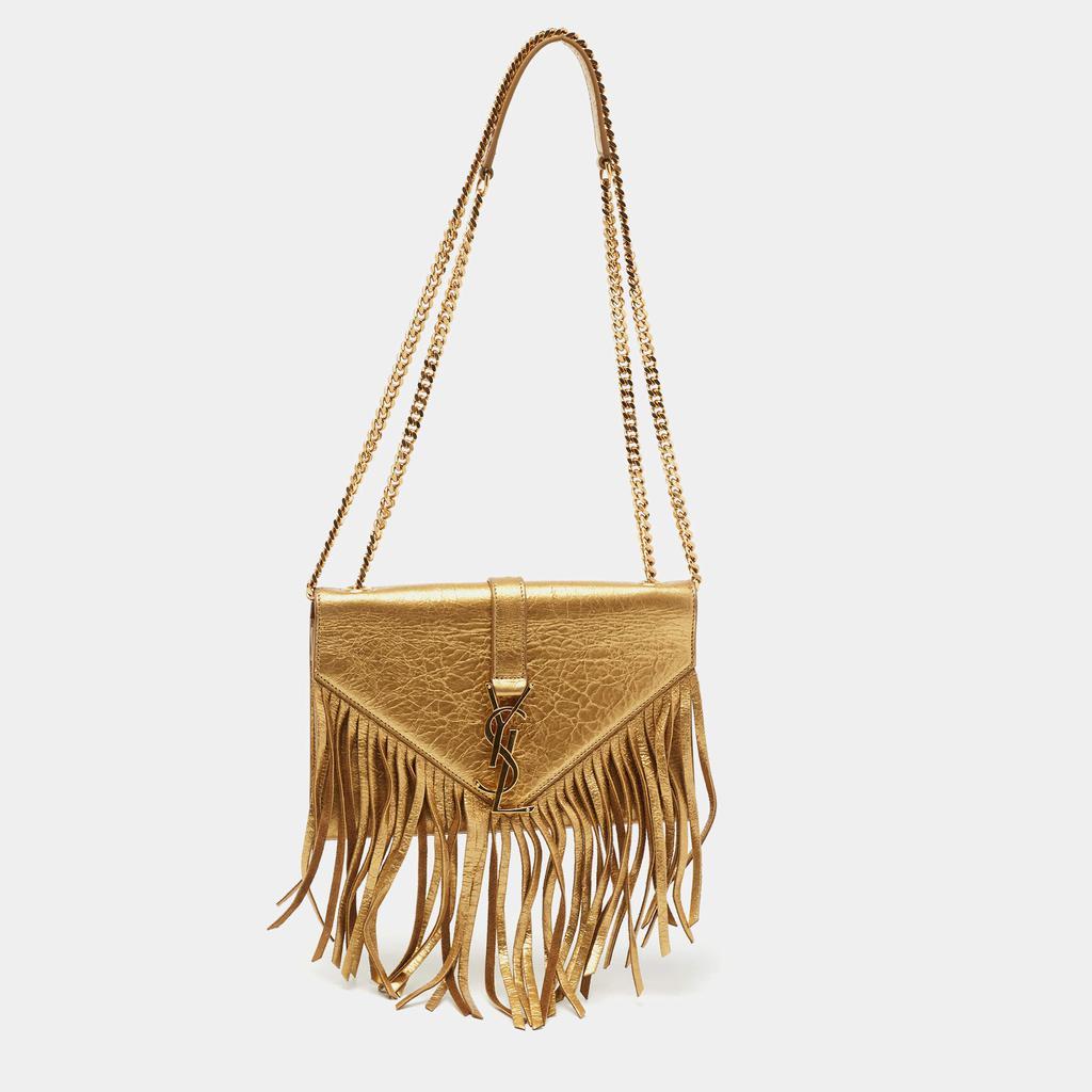 商品[二手商品] Yves Saint Laurent|Saint Laurent Metallic Gold Leather And Suede Small Fringe Envelope Shoulder Bag,价格¥6153,第1张图片