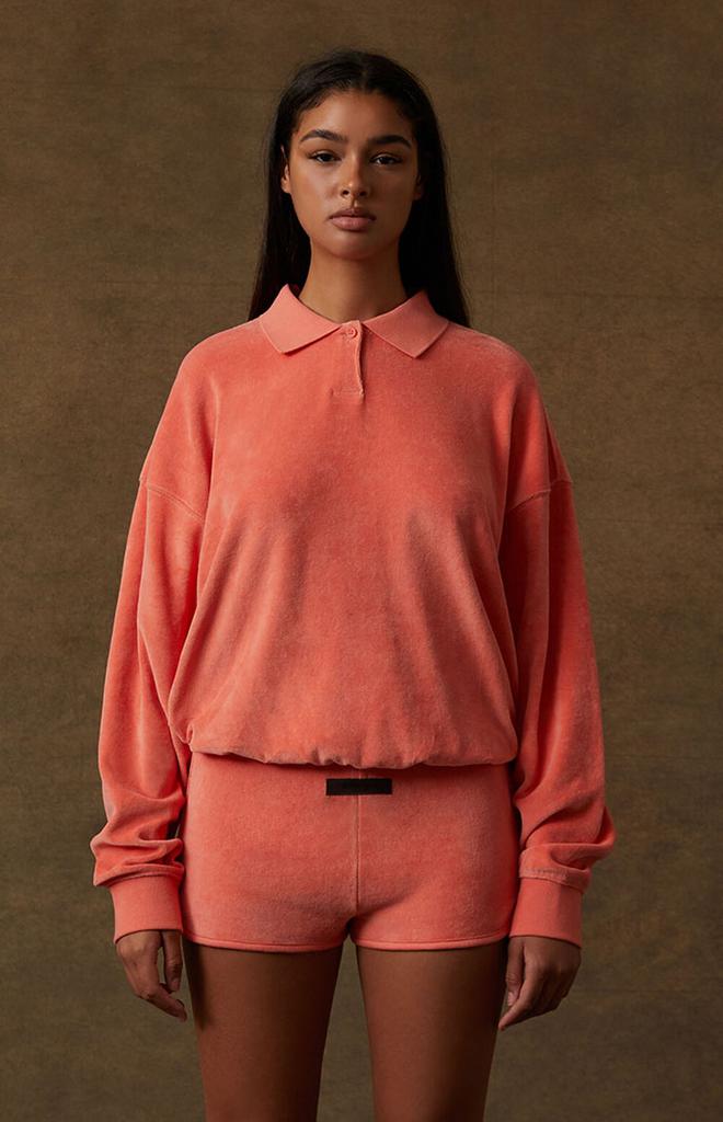 Women's Coral Velour Long Sleeve Polo Sweatshirt商品第2张图片规格展示