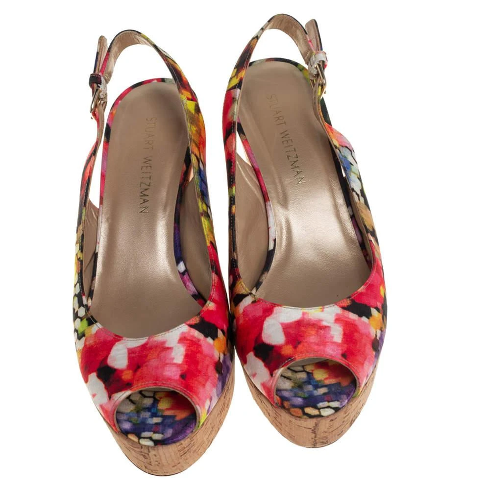 商品[二手商品] Stuart Weitzman|Stuart Weitzman Multicolor Brocade Fabric Cork Wedge Sandals Size 43.5,价格¥1004,第3张图片详细描述