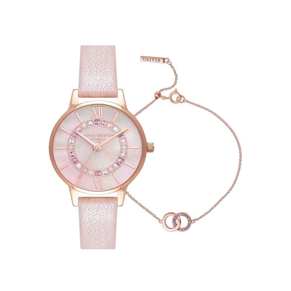 Women's Wonderland Pink Leather Strap Watch 30mm Gift Set商品第1张图片规格展示