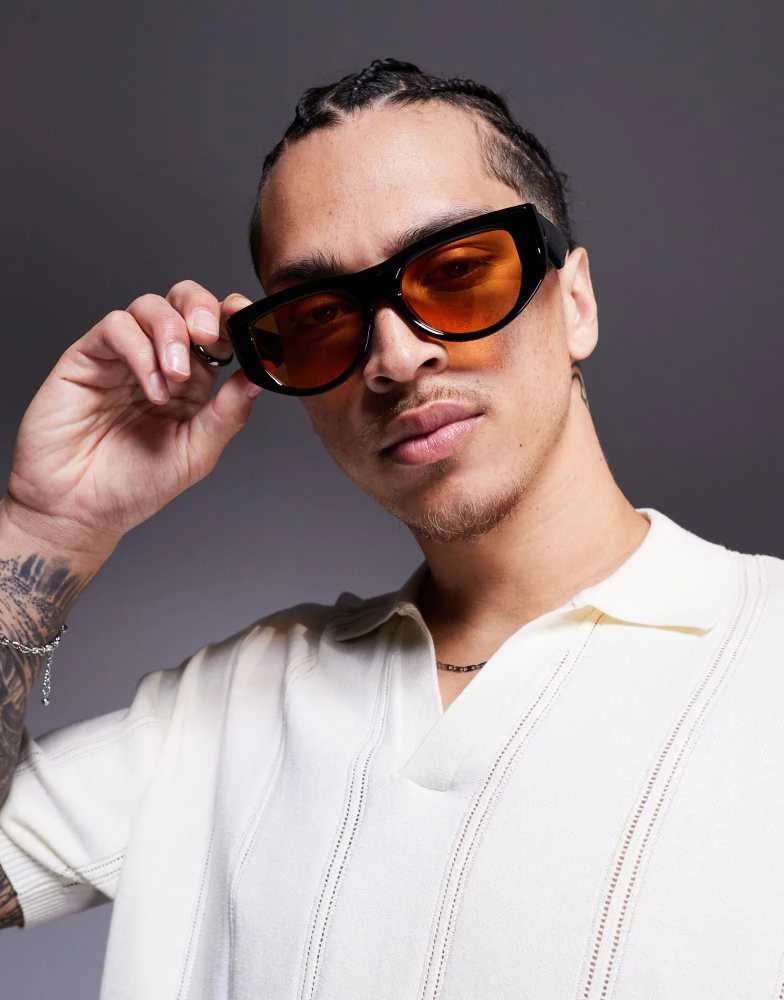 商品ASOS|ASOS DESIGN aviator sunglasses in black with amber lens - BLACK,价格¥125,第1张图片